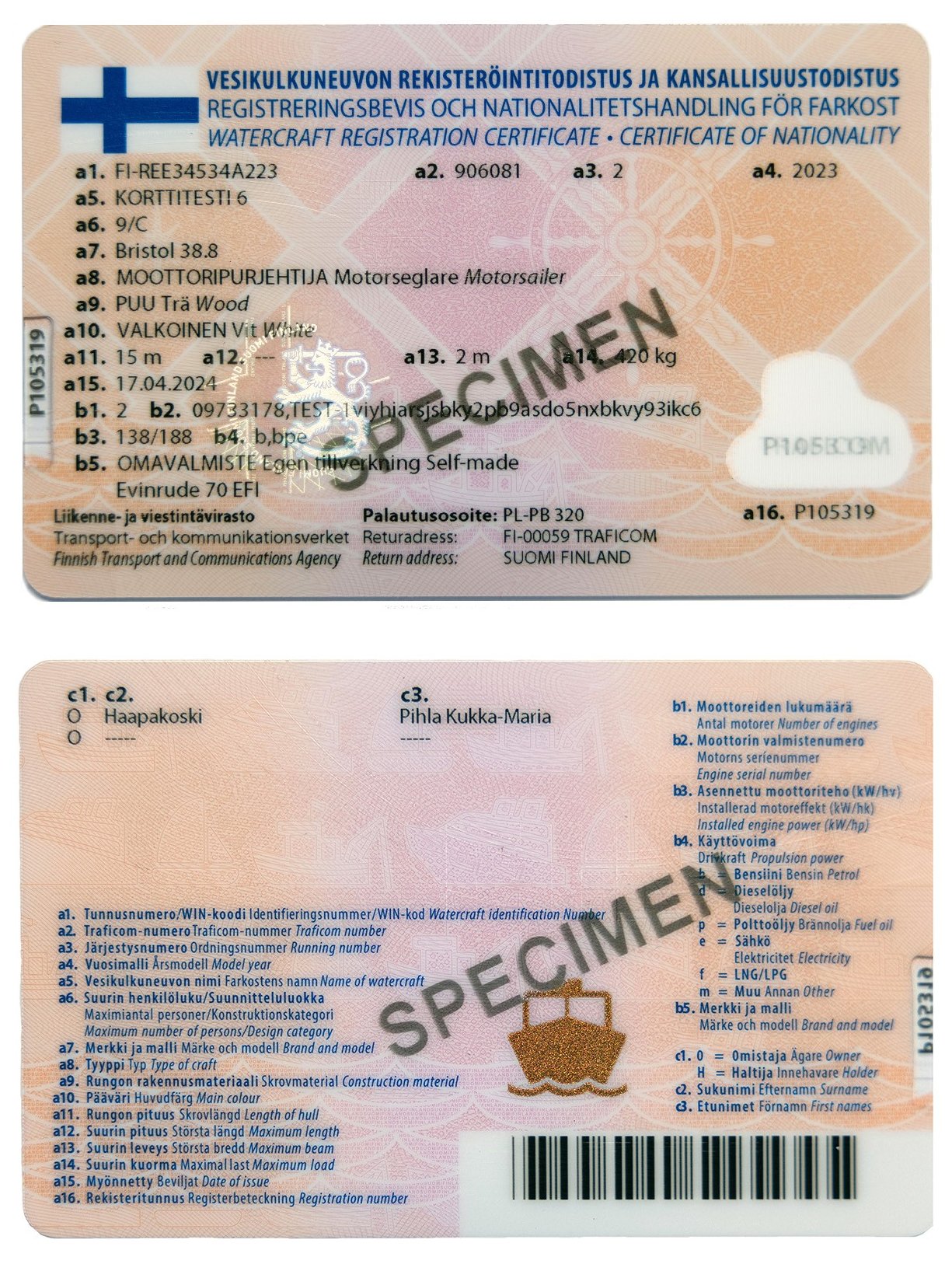 Vesikulkuneuvon rekisteröintitodistus kuvattuna molemmilta puolilta