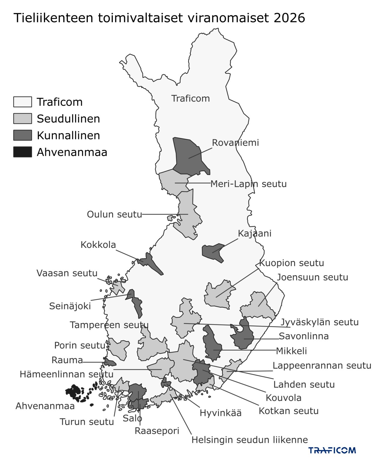 Tieliikenteen toimivaltaisest viranomaiset karttalla. Viranomaiset on lueteltu haitarissa kuvan alla.