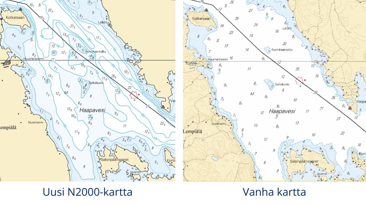 Esimerkkikuva vuudesta N2000-merikarttanäkymästä vasemmalla ja oikealla esimerkkikuva vanhasta merikartasta