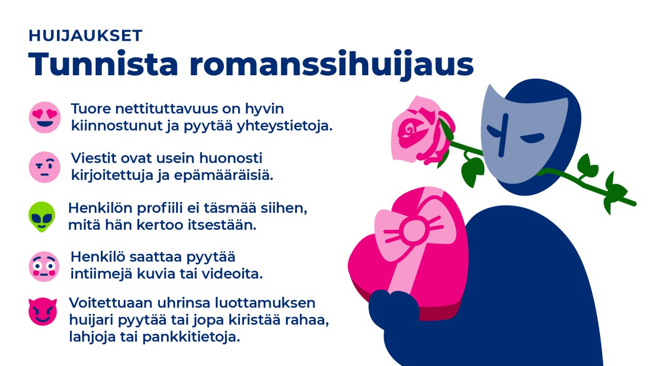 Tunnista romanssihuijaus. Tuore nettituttavuus on hyvin kiinnostunut ja pyytää yhteystietoja. Viestit ovat usein huonosti kirjoitettuja tai epämääräisiä. Henkilön profiili ei täsmää siihen, mitä hän kertoo itsestään. Henkilö saattaa pyytää intiimejä kuvia tai videoita. Voitettuaan uhrinsa luottamuksen huijari pyytää tai jopa kiristää rahaa, lahjoja tai pankkitietoja.