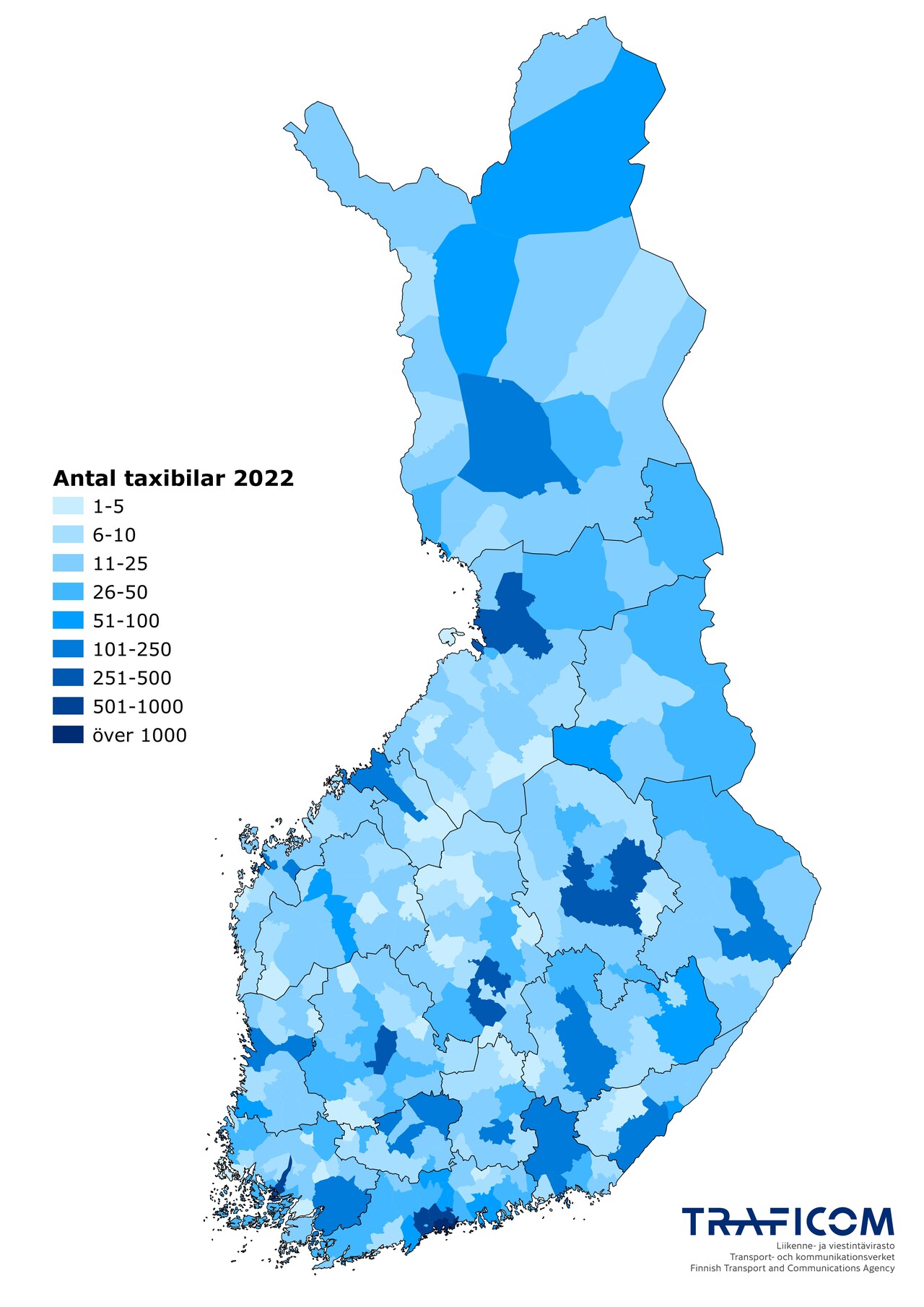 På kartan illustreras antalet taxibilar per kommun år 2022. Antalet taxibilar varierar mycket mellan kommunerna och kan vara allt från en till över tusen.